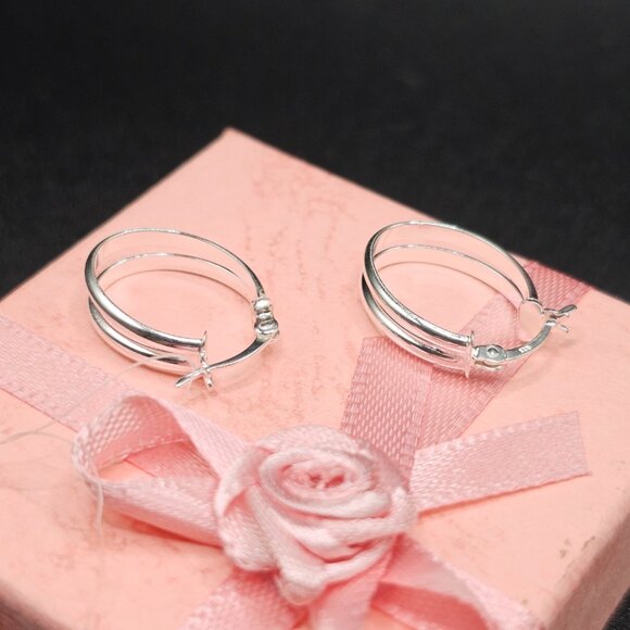 Sterling Silver 925 Rhodium Plated Double Oval Hoop Earrings 18mm - Picture 9 of 12
